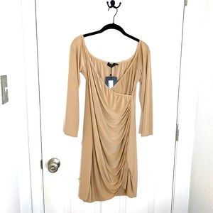 PrettyLittleThing Tan Ruched Mini Wrap Dress